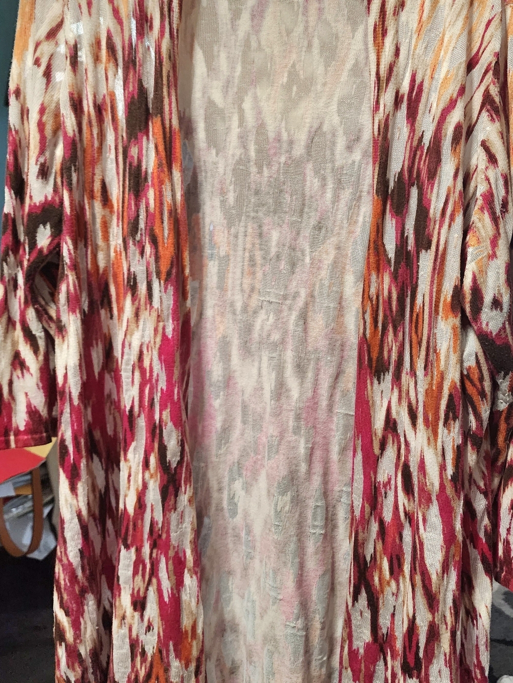 Chico's Open-Front Printed Cardigan in Pink, Orange & Brown Sz 3